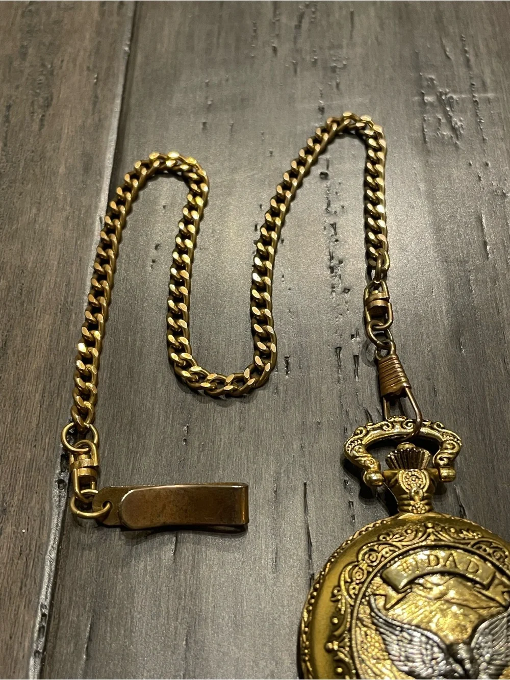 Milan Quartz Pocket Watch Hunter Eagle “DAD” Ornate Gold Tone w/ Chain